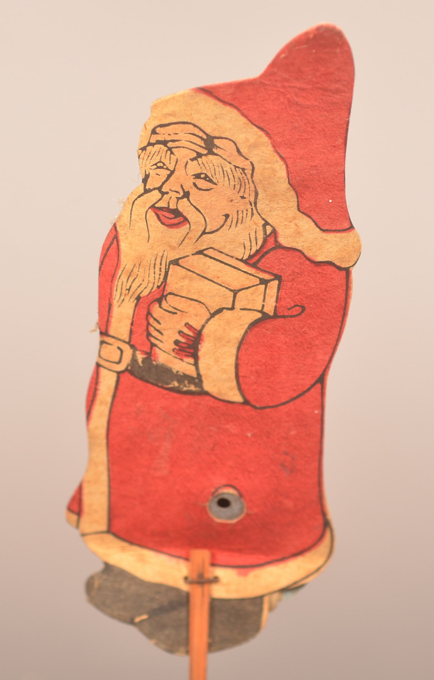 Antiq. Christmas Santa Claus Cardboard Noisemaker.: Delicate cardboard Santa Claus noisemaker advertising Brownell's Shoe Store in Oil City, PA. Squeeze the bellows together to make a whistling noise....still works. 10" H x 2-1/2" W