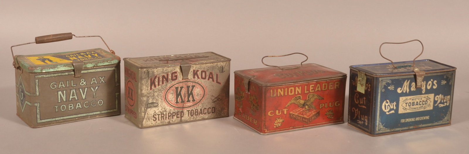 Group of Four Tobacco Lunch Tins.: These "lunch tins" were meant to be repurposed and used by workers or kids going to school to carry their lunch and help spread brand awareness. This group includes the Gail & Ax Navy Tobacco with ico