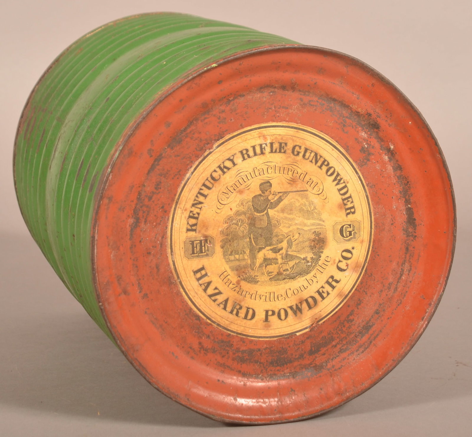 Hazard Powder Co. Kentucky Rifle Gunpowder Keg.: Original label on solid end with remnants of paper label around the opening. 11-3/8" H x 9-1/4" W