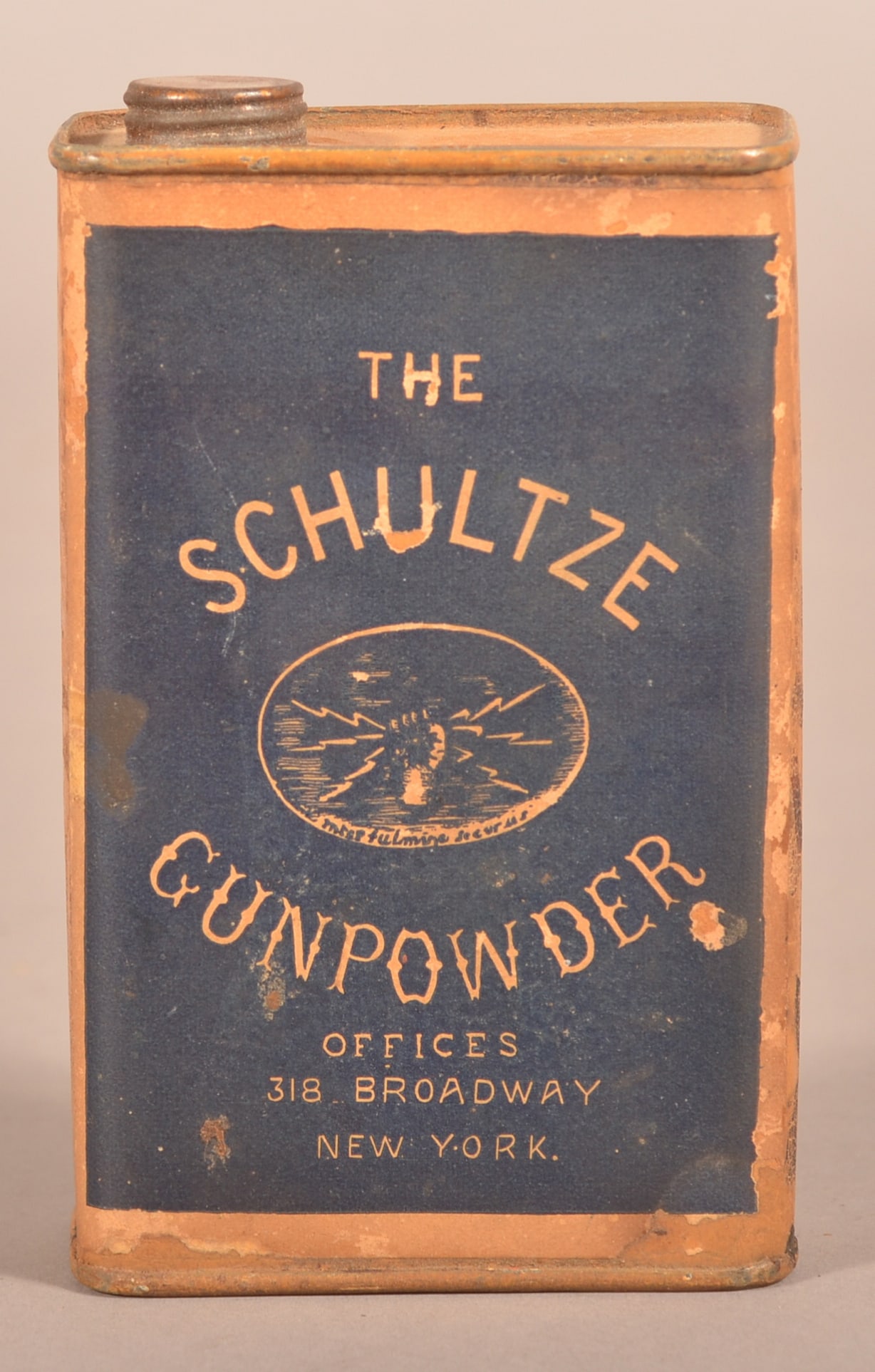 The Schultze Gunpowder Paper Label Tin New York.: Nice gunpowder tin with printed instructions on reverse. 5-3/4" H x 3-1/2" W x 1-1/2" D