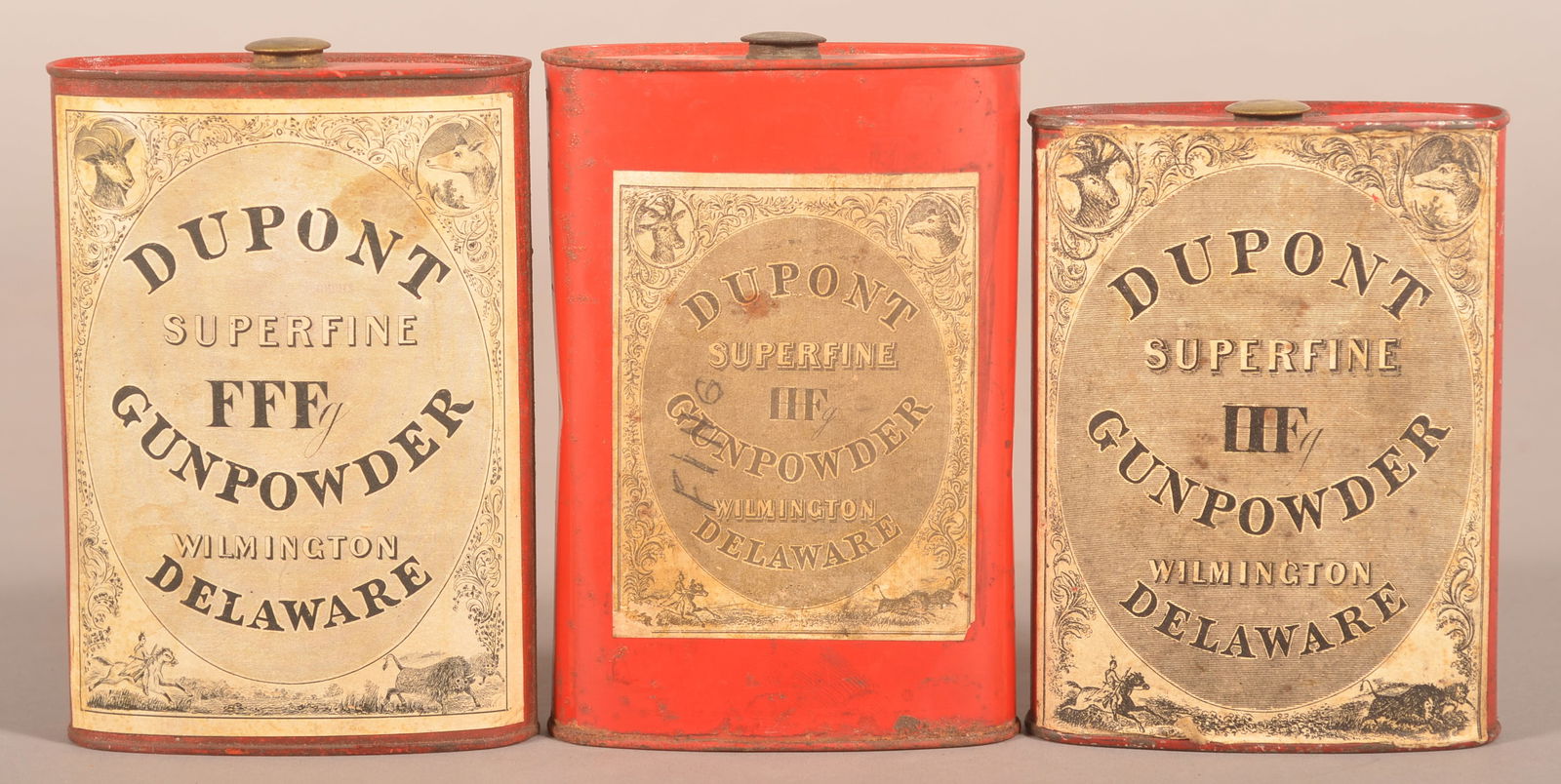 Three DuPont Gunpowder Flasks. (1 of 3)