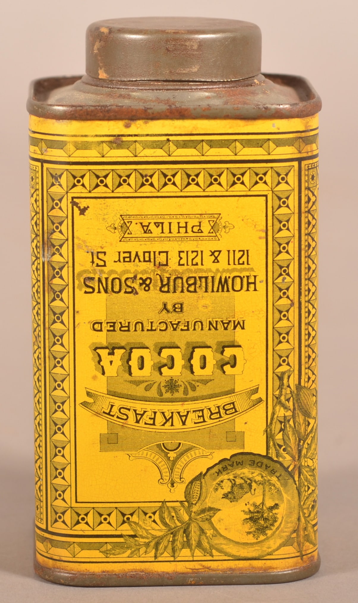 Exceedingly Rare H.O.Wilbur Mistake Tin.: Possibly only one in existence, this Breakfast Cocoa tin was put together upside down at the factory. Factory marked Somers Bros Brooklyn NY PAT July 1st 1884. Amazing early tin lithography, colors an
