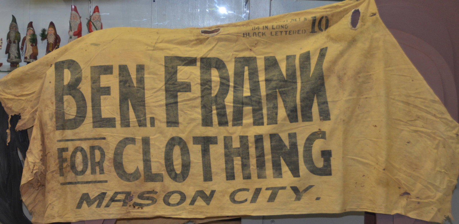"Ben Frank Clothing Mason City" Horse Blanket.: Late 19th-early 20th century canvas horse blanket with advertising for Ben Frank (possibly Benjamin Franklin stores, well known dime store chain, or for a Ben Frank located in Nebraska/Illinois/Iowa) 
