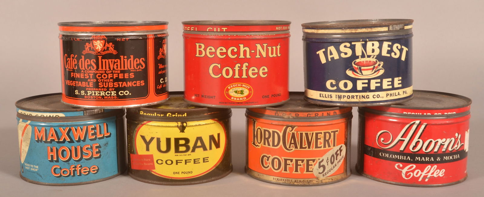 Seven 1 lb. Key Wind Coffee Advertising Tins. (1 of 2)