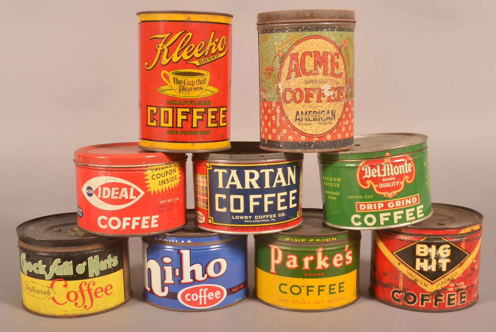 Nine 1 lb. Twist Top and Key Wind Coffee Tins. (1 of 2)