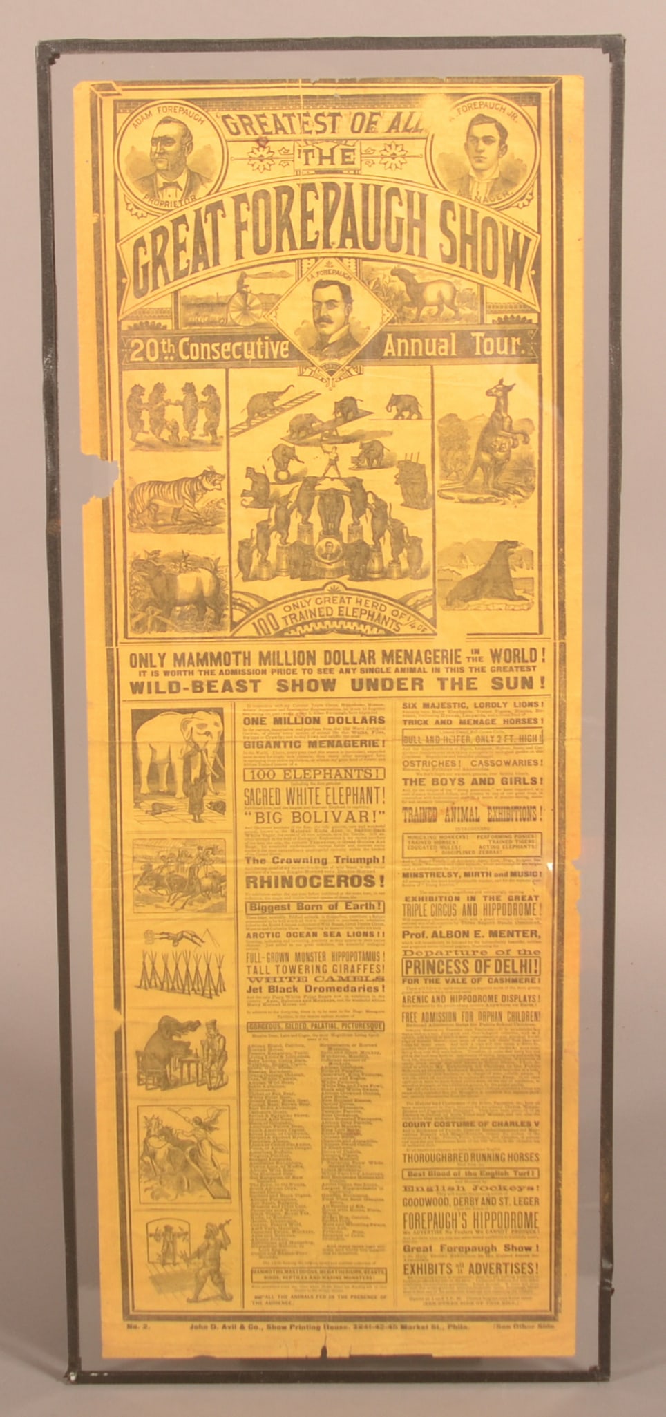 "The Great Forepaugh Show" 2-Color Circus Poster.: Great lithography with multiple animals and scenes on this broadside. 20th consecutive annual tour with "Only Mammoth Million Dollar Menagerie in the World!". Double sided. Nicely framed to display bo