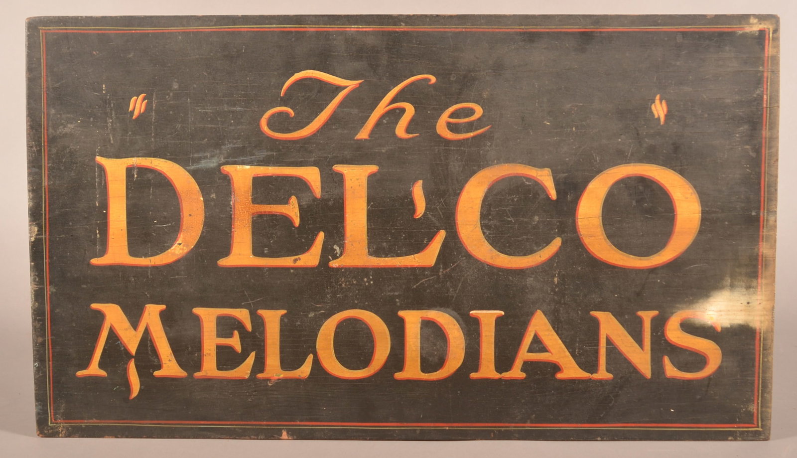 "The Delco Melodians" 1930s Hand-Painted Sign.: Great colors and wear. Made with thin plywood, single-sided. Not signed. 17-1/4" H x 30" W