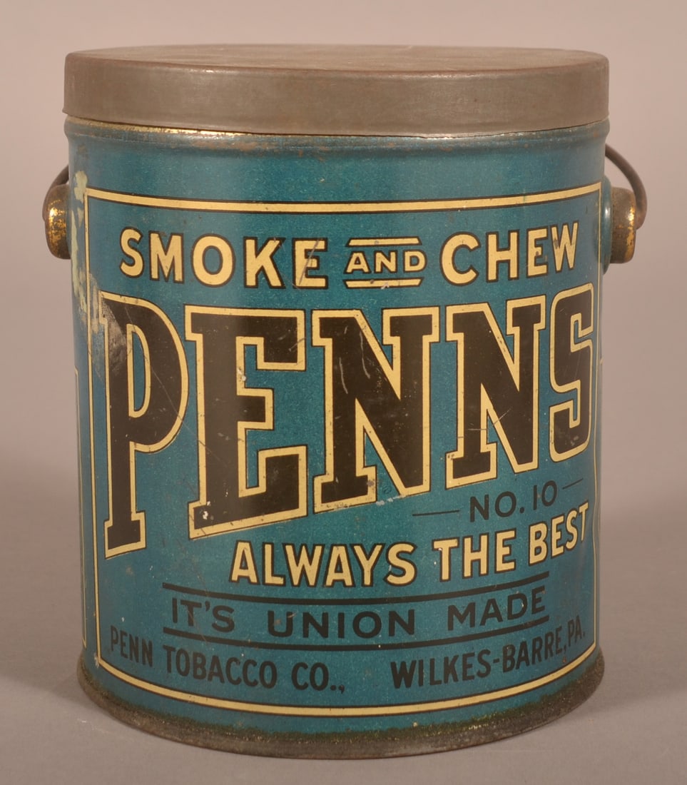 Bail-Handled Penn's Chewing Tobacco Tin.: Nice colors from Wilkes-Barre, PA. 6-1/4" H x 5-1/4" W