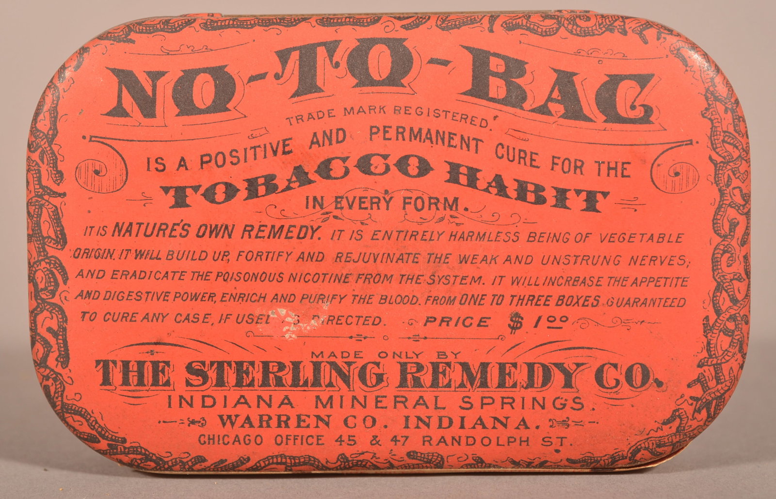 "No-To-Bac" Chewing Tobacco Remedy Tin.: Early attempt at curing the addiction from the Sterling Remedy Co. 3-3/4" W x 2-1/4" D