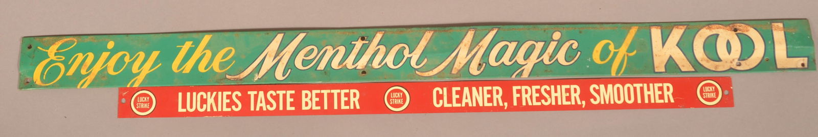 Lucky Strike & Kool Cigarette Tin Strip Signs. (1 of 2)