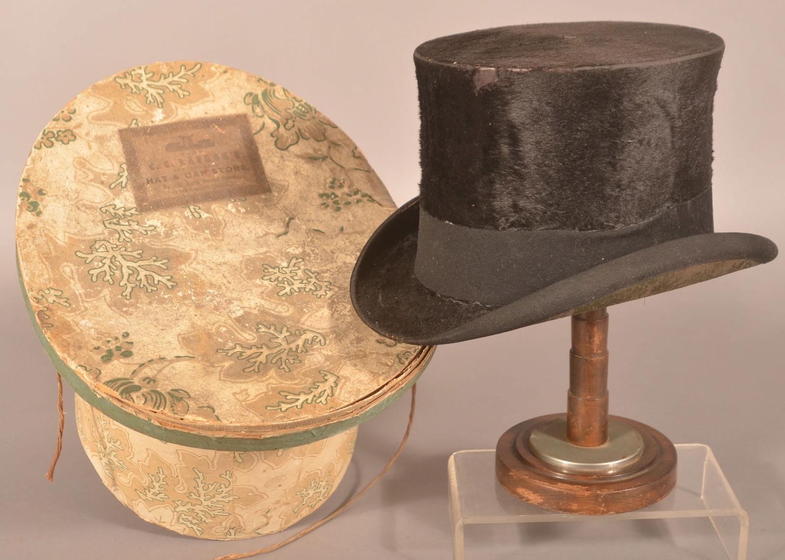 Early Wallpaper Top Hat Box with Hat. (1 of 9)