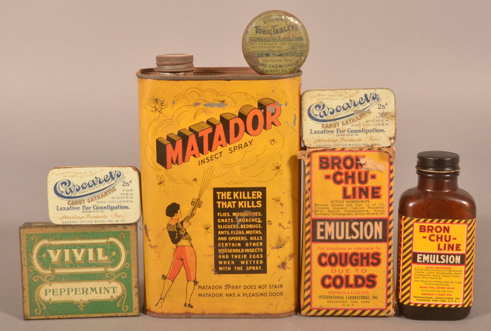 Group of Early Advertising Tins.: Matador Insect Spray, Vivil Peppermint tin from Baltimore, MD & other tins. Matador, 7-1/4" H x 4-1/2" W x 1-3/8" D