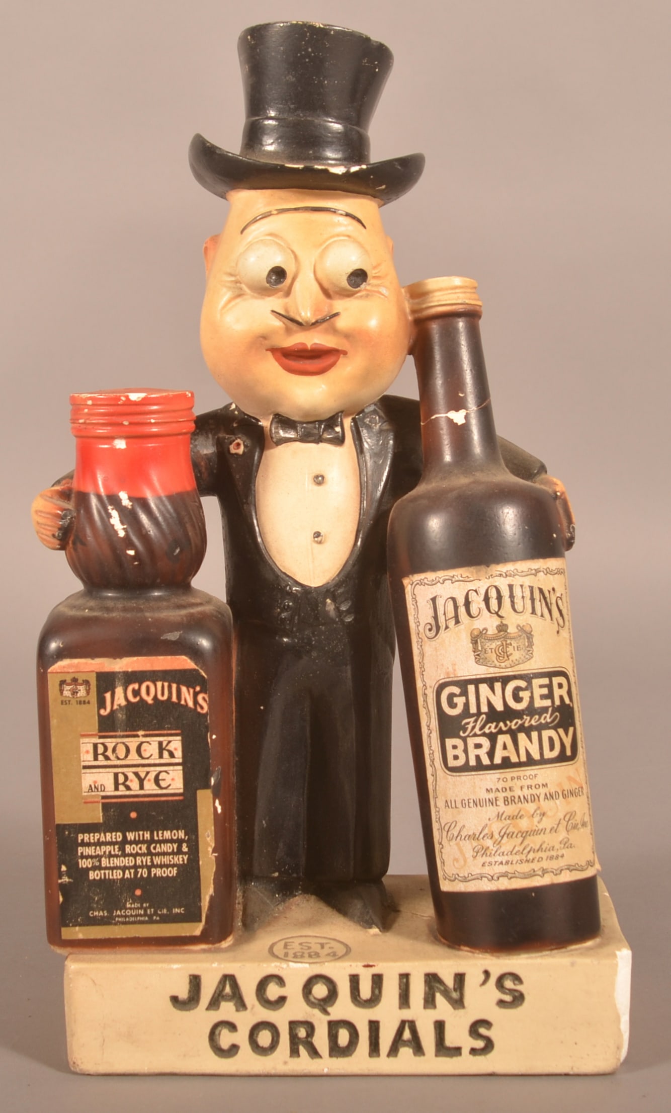 Vintage Jacquin's Cordials Chalk Bar Display.: Gentleman with top hat holding bottles of Rock & Rye and Ginger flavored Brandy. Ca. 1940-1950. 15" H x 8" W x 4-1/4" D