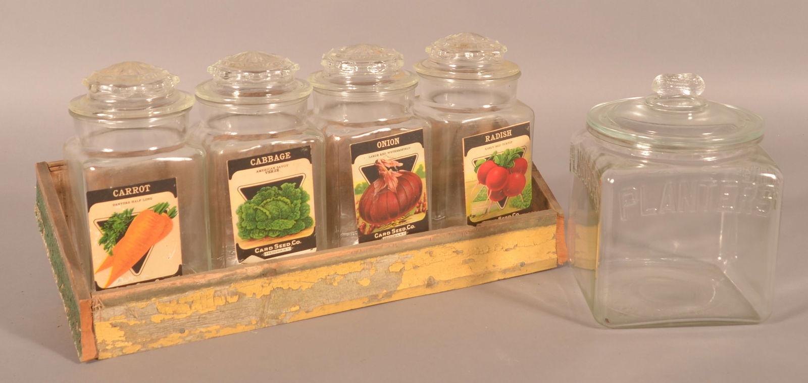 Seed Display w/ Four Jars & Planter's Peanut Jar. (1 of 5)