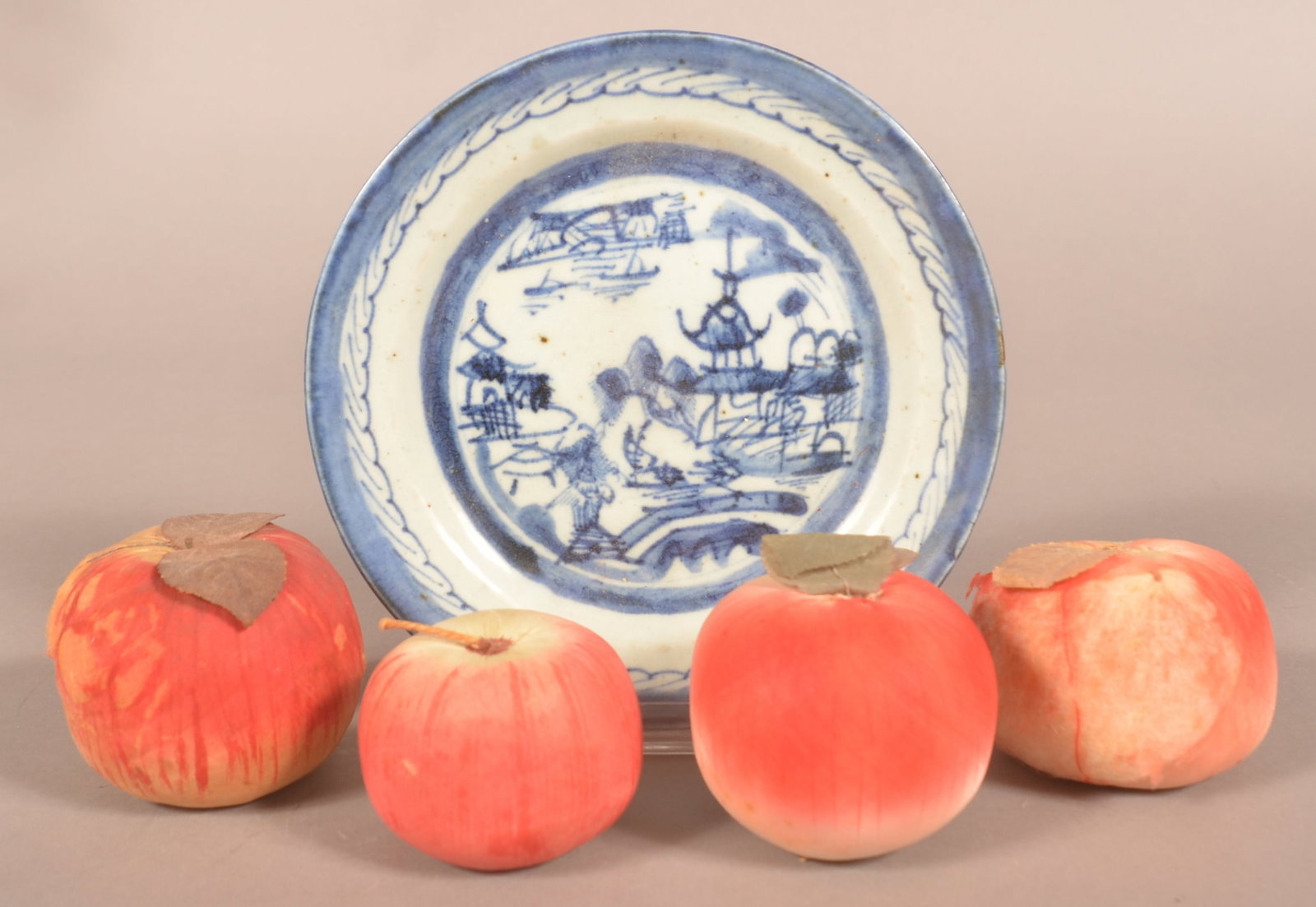 Four Antique Silk Apple-Form Pin Cushions.: Along with a Canton oriental porcelain plate they are resting on. Canton plate, 7-1/4" diam.