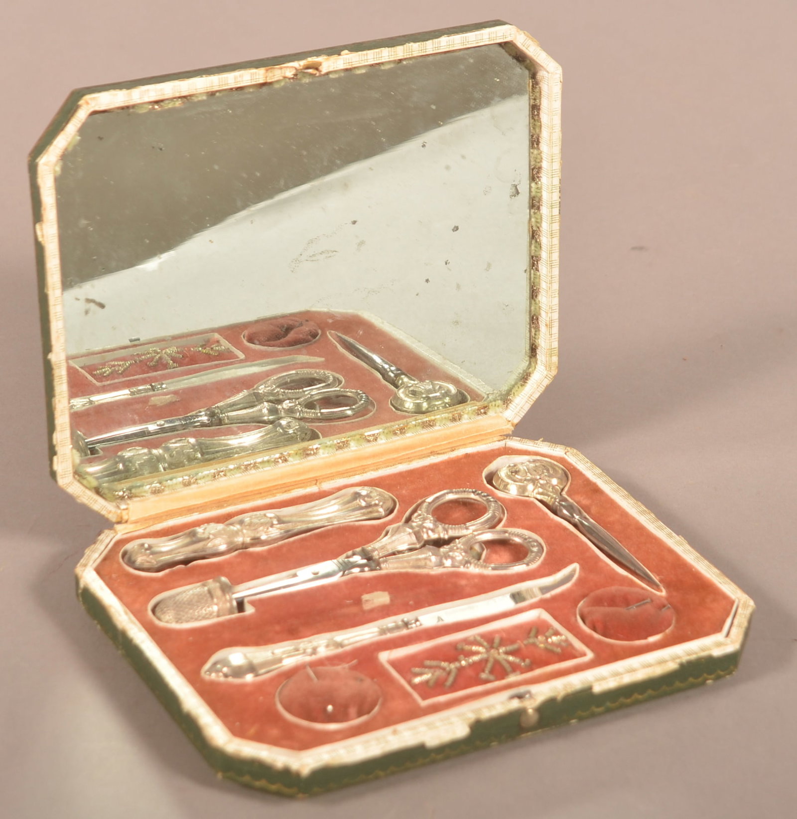 English 19th Century Painted Travel Sewing Kit. (1 of 7)