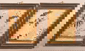 Pair of Pictorial Silk Needlework & Watercolors.: Early 19th century. 1st depicts two women by a potted flower and titled "Spring" and "Winter". 2nd depicts a man and woman with parasol, dog and flower. In matching period molded frames. 9-1/2" x 8" o