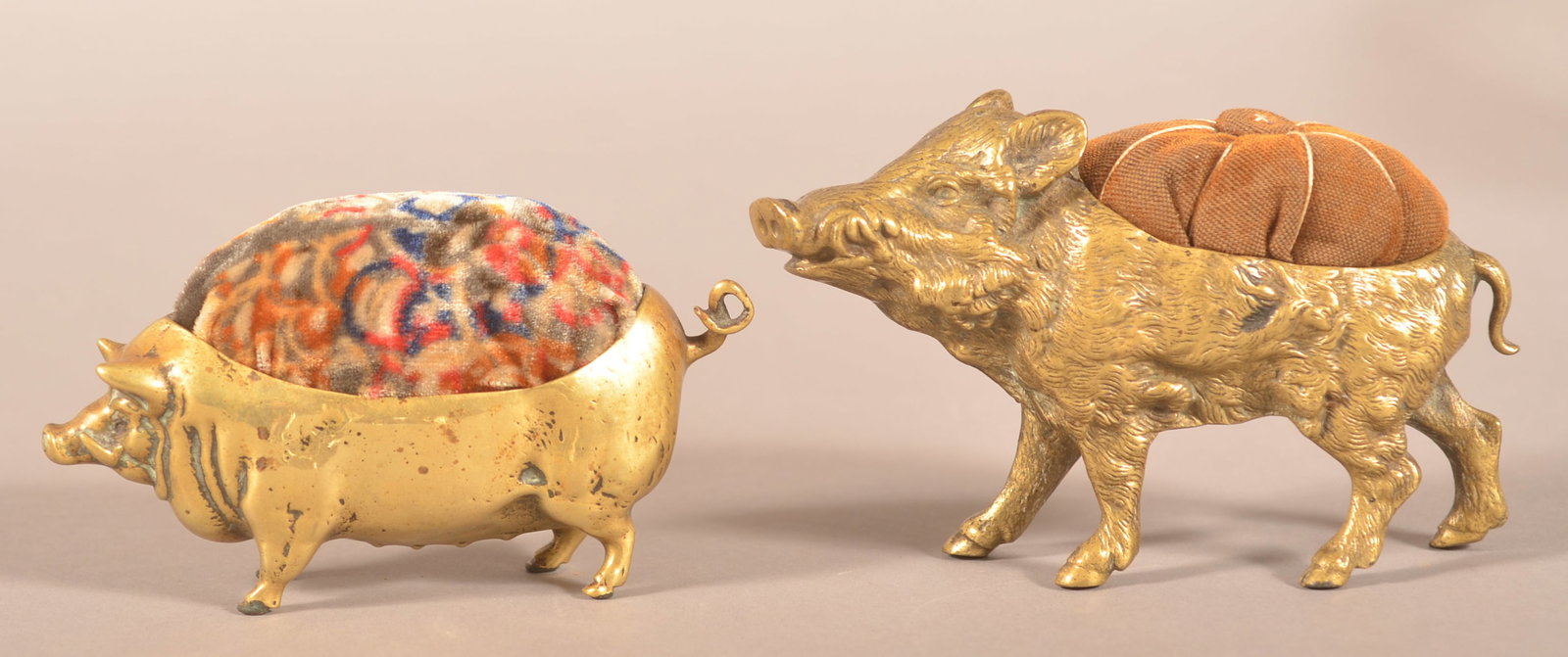 Antique Brass Boar and Pig-Form Pin Cushions.: Unsigned, heavy brass or bronze figures with cast details. Both cushions are later replacements. Boar, 3"h. x 5"l.