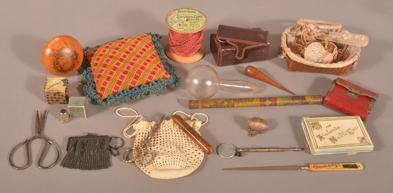 Lot of Antique/Vintage Sewing Accessories.: Including scissors, needle cases, darners, pin cushion, thimble cases and thimbles, sewing kit cases, etc. Crochet pin cushion, 6" square.