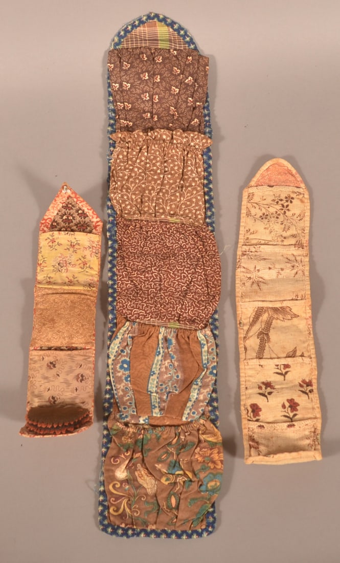 Three Antique Fabric Sewing Roll-Ups.: Various printed fabric with tool and accessory compartments. Largest, 23" x 4-1/2".