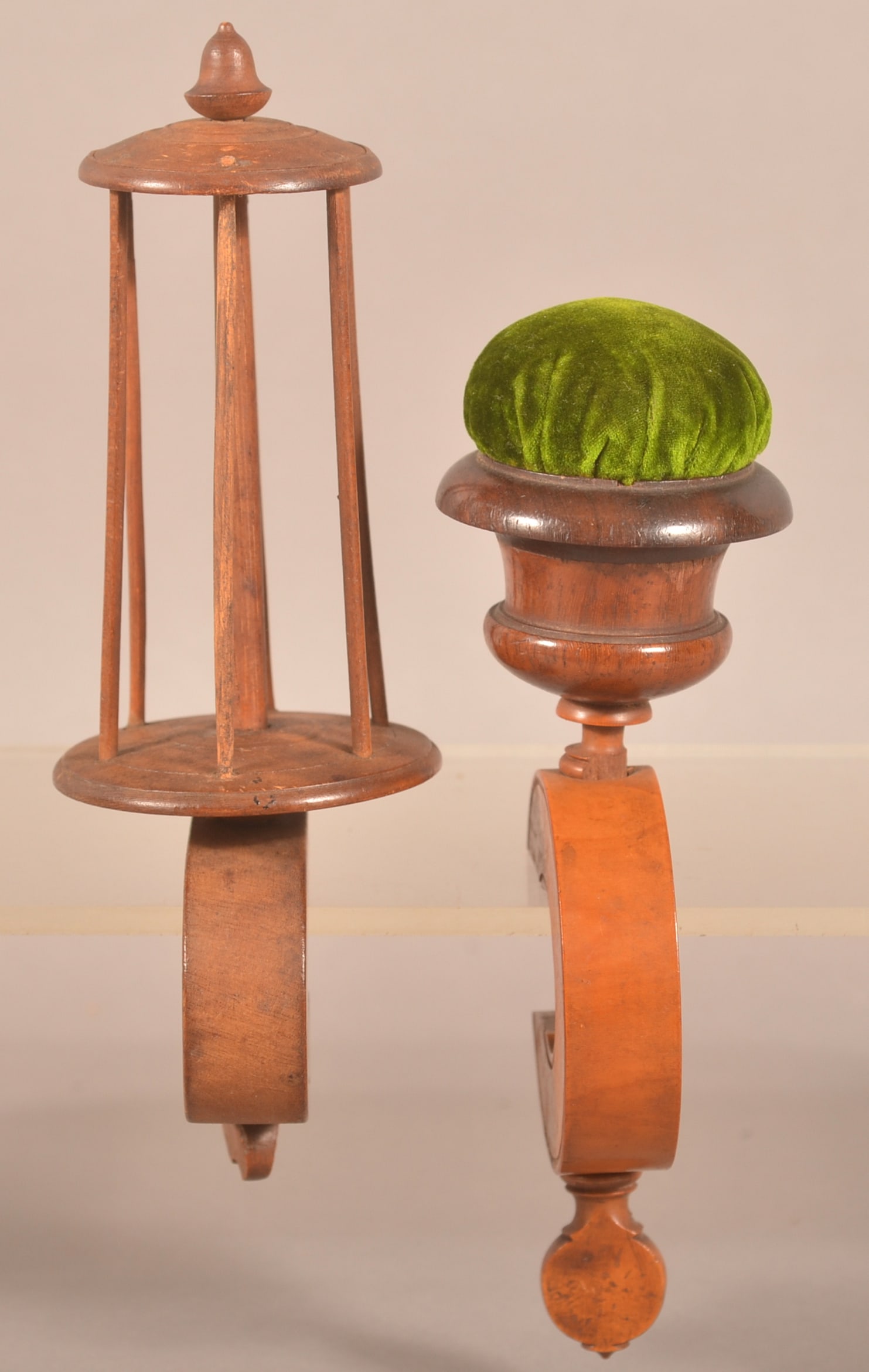 Antique Maple C-Clamp Pin Cushion and Winder.: Pin cushion with green velvet fabric, winder with cage top and acorn finial. Larger, 8"h. x 2-1/2" diam.
