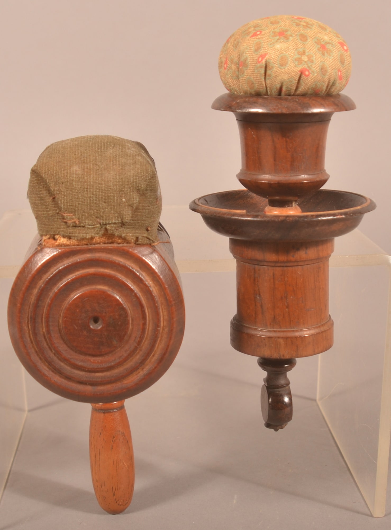 Two 19th C. Rosewood C-Clamp Pin Cushions.: Turn-screw tighteners with fabric pin cushion top. 7" and 7-1/2"h.