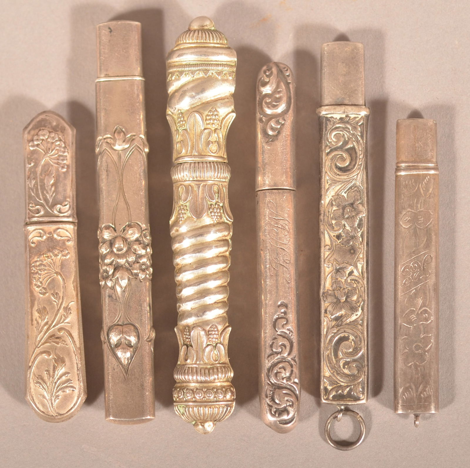 Six Antique Sterling Silver Sewing Needle Cases. (1 of 2)