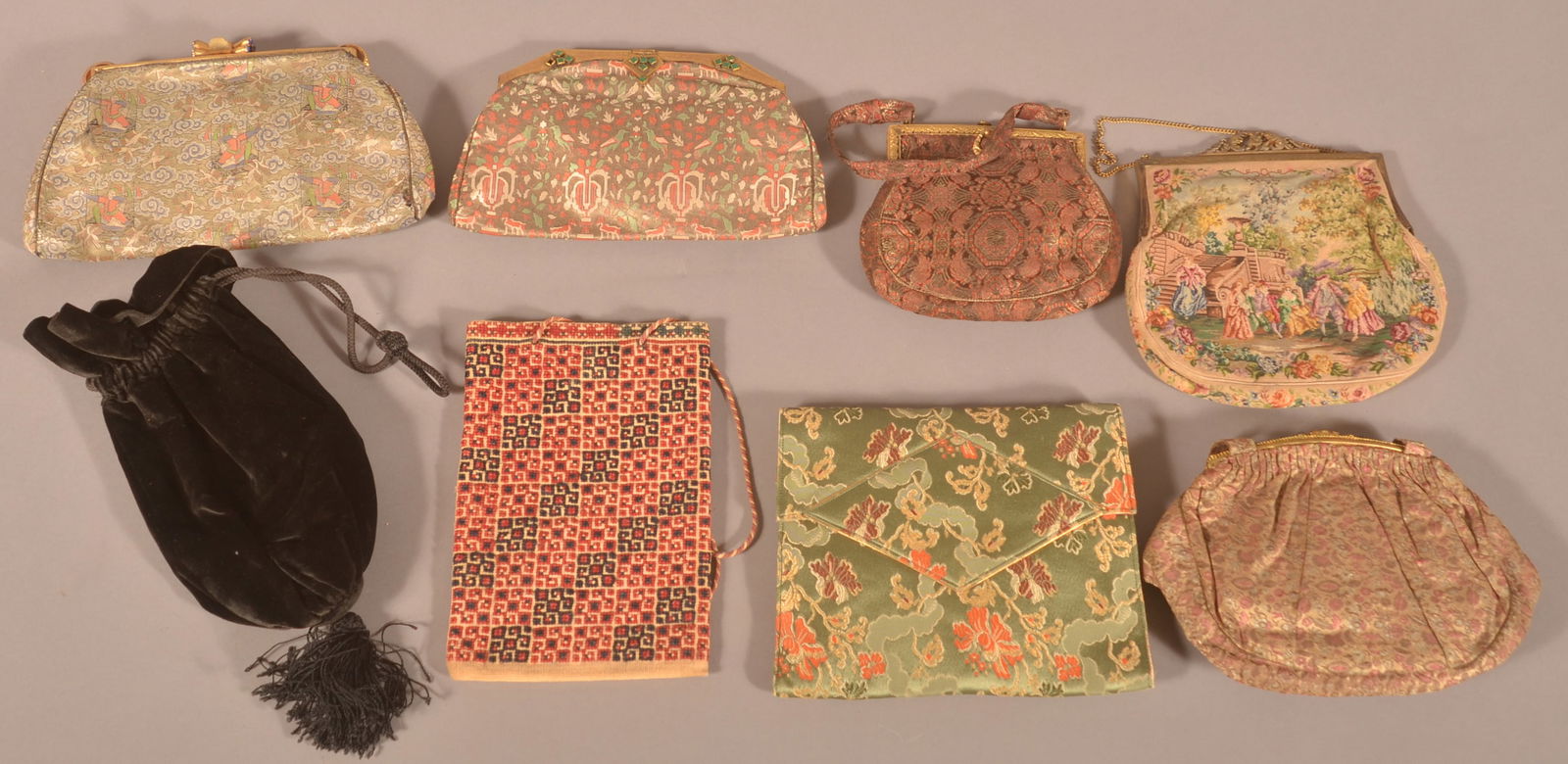 Eight Various Vintage Fabric Purses.: Including Brocade and petit point, some set with colored stones, one art deco. Largest, 6-1/4" x 8".