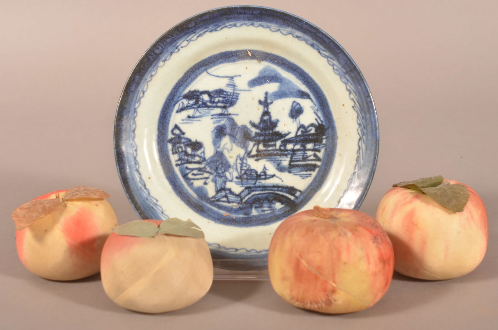 Four Antique Silk Apple-Form Pin Cushions.: Along with a Canton oriental porcelain plate they are resting on. Canton plate, 7-1/4" diam.