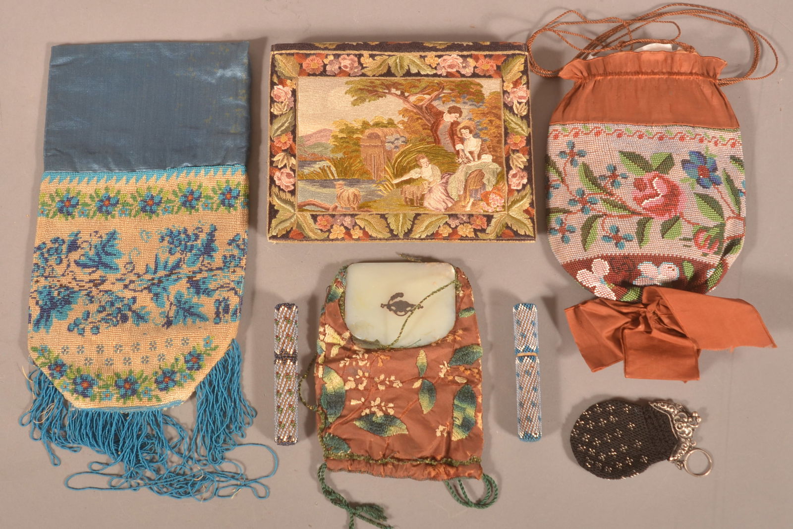 Lot of Antique Beadwork and Needlework Bags.: Including two beaded needle cases. Largest bag, 5" x 10".