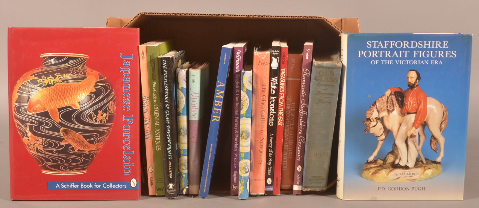 Lot of Reference Books.: Staffordshire, lamps, Japanese porcelain, antique glassware. 14"w. x 18"l. oveall.