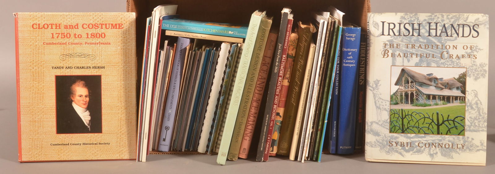 Lot of Reference Books.: Antiques, costume, lace, Fiddlestrings book by de Angeli. 13"w. x 18"l. overall.