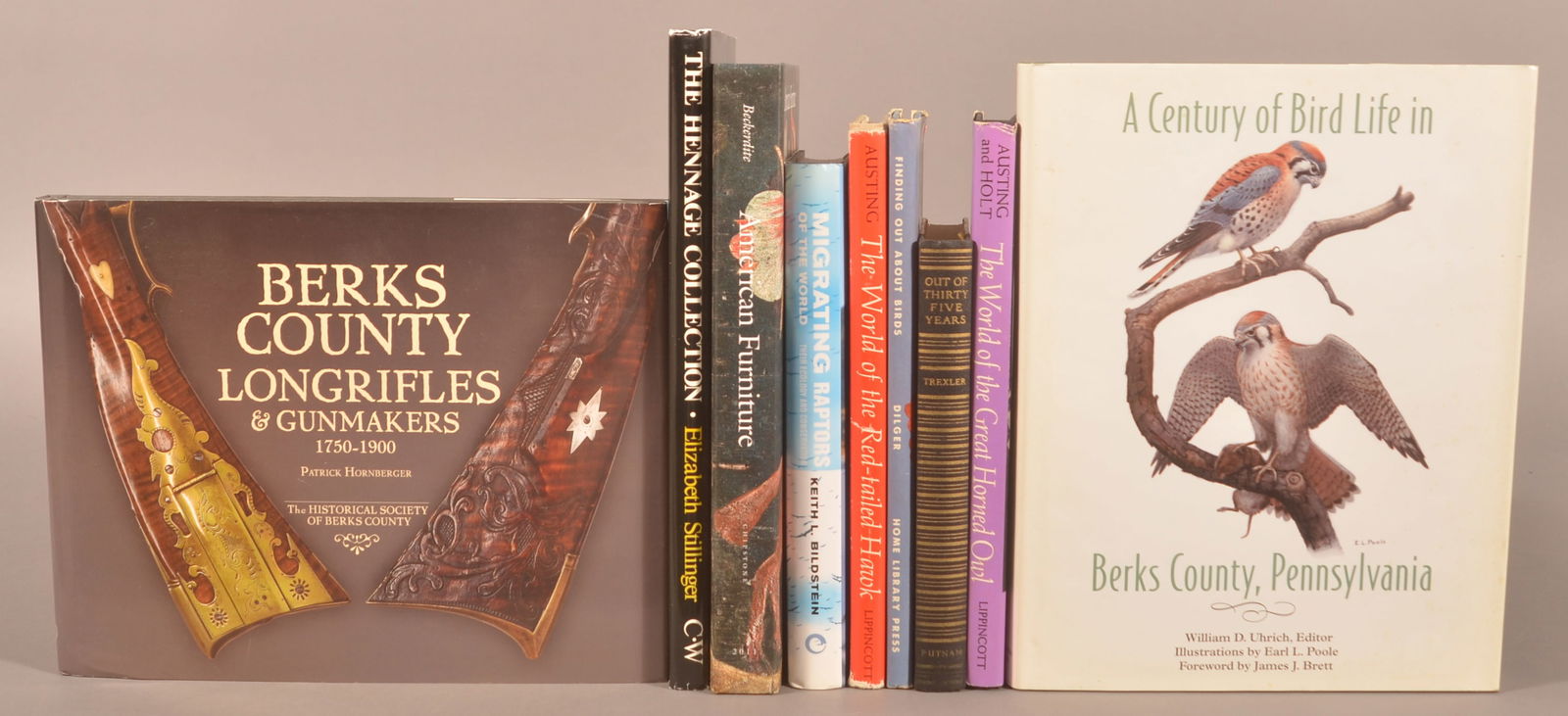 Lot from J. Peter Muhlenberg M.D. Collection.: Bird Life in Berks Co.; Samuel Trexler: Out of 35 Years, 1936. Inscribed by author; books on birds, owls, hawks, Berks Co. Long Rifles, antiques, American furniture. 12 x 12".