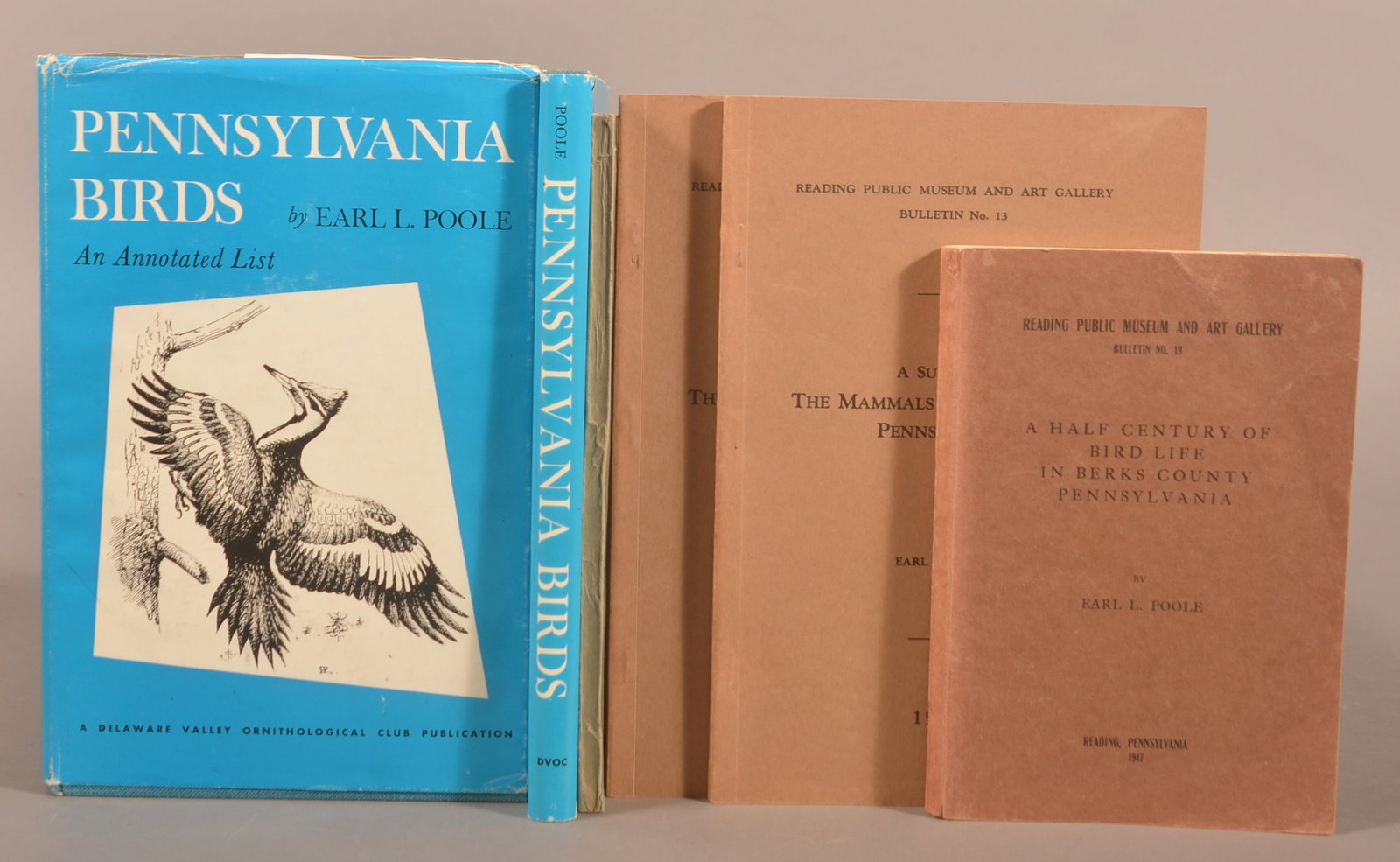 Lot from the Earl Poole Collection.: Six books written by Earl Poole, including Berks Co. birds and mammals, Penna. birds. 9 x 12".