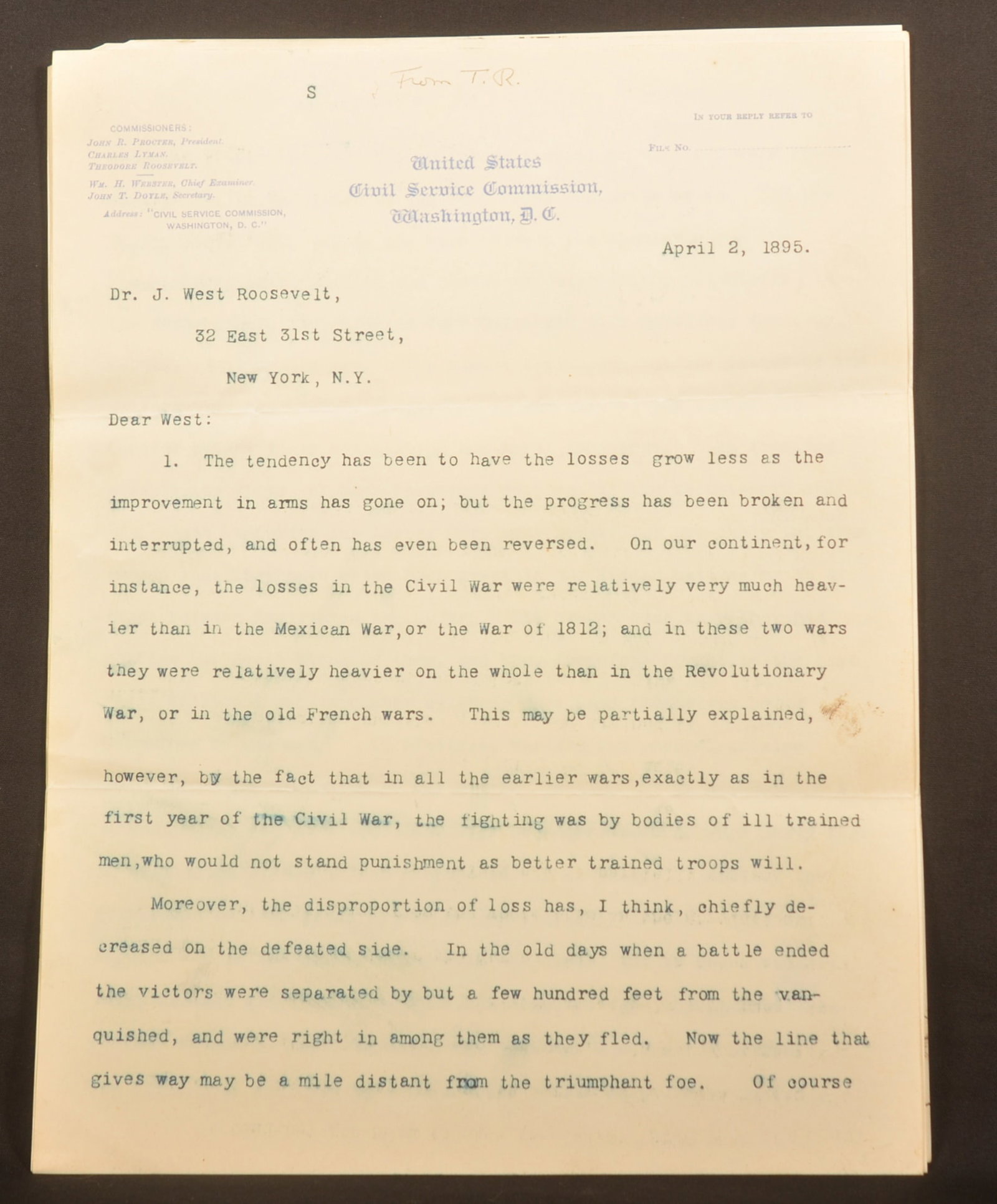 Signed Teddy Roosevelt Letter Civil War-Related. (1 of 7)