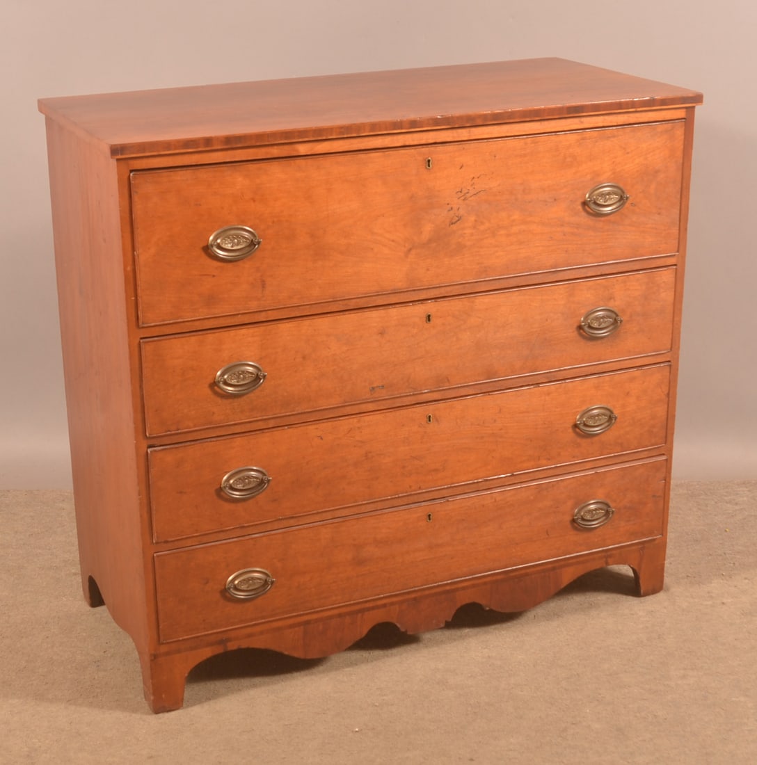 American Federal Cherry 4-Drawer Chest of Drawers.: Four full-width cockbeaded, dovetailed drawers and serpentine skirt. 39-3/4"h. x 43"w. x 20-1/2"d.