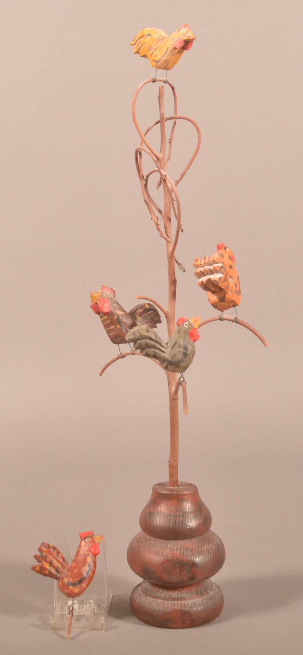 Strawser 2002 Carved Folk Art Chicken Tree.: Signed on base D&D Strawser PA 2002. 22"h. x 6" diam.