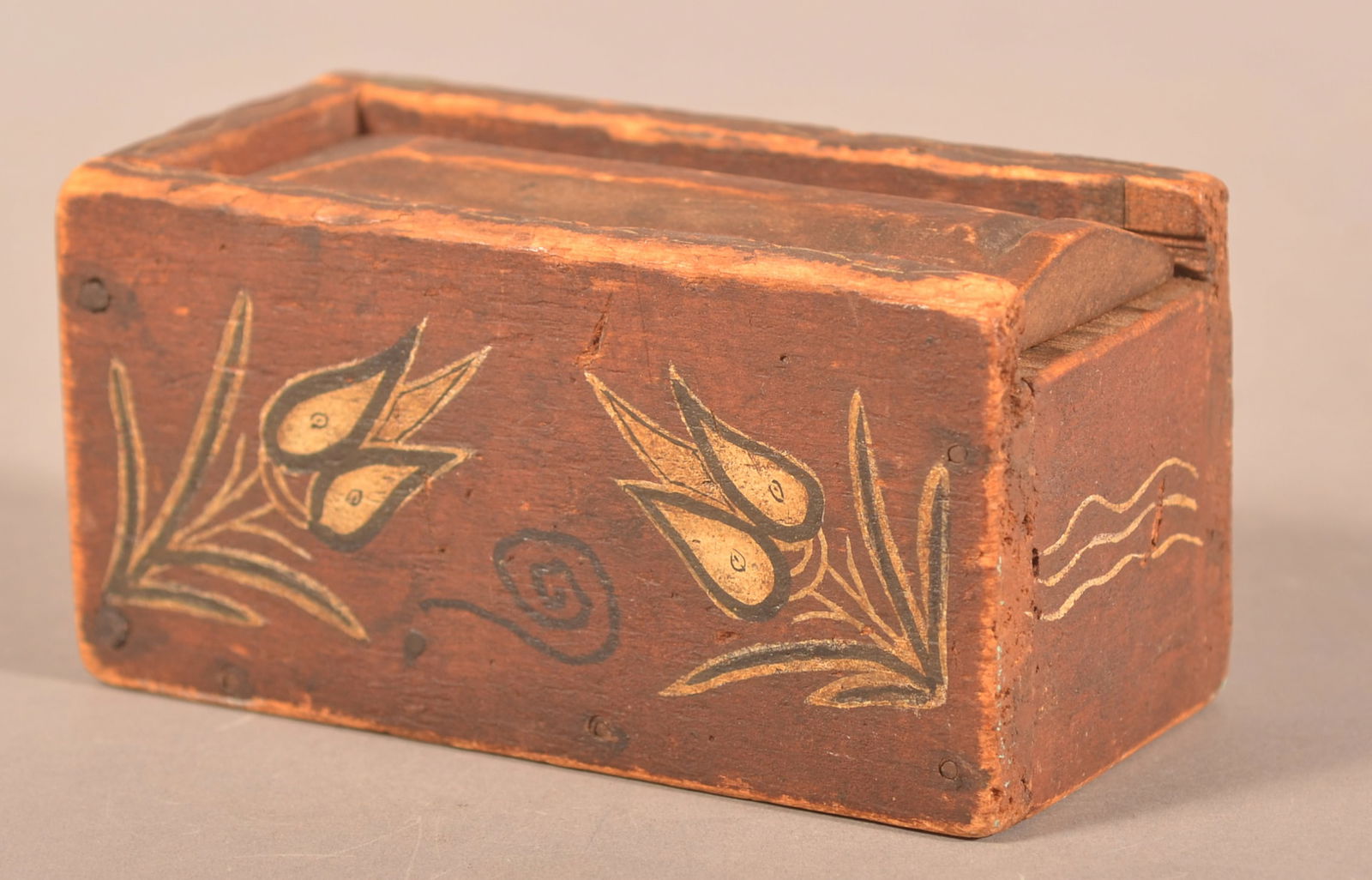 PA Tulip-Decorated Softwood Slide-Lid Spice Box. (1 of 6)