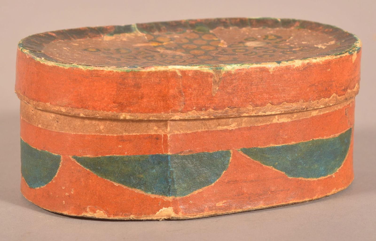 PA 19th C. Wallpaper-Covered Oval Trinket Box. (1 of 5)