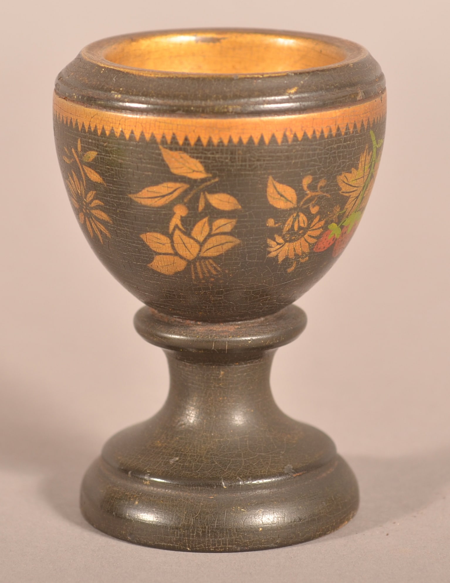Antique Lathe-Turned and Decorated Master Salt.: Lacquered and gilt ground with strawberry decoration. Painted on base "S,H,E.". 4"h. x 3-3/4" diam.