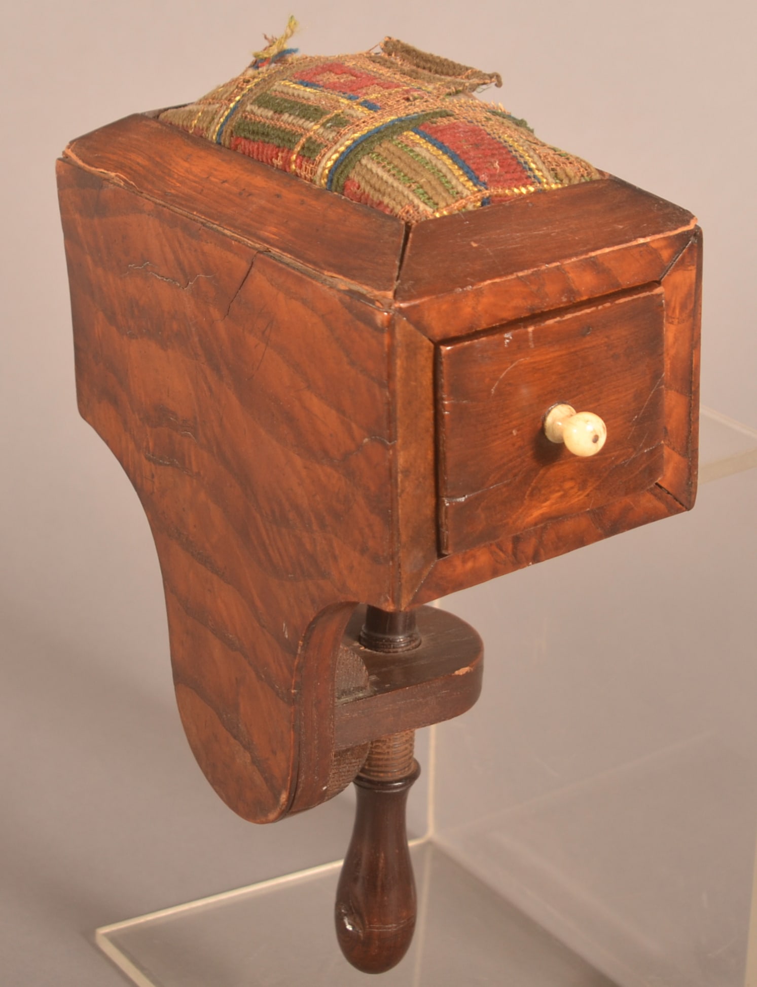 PA 19th Century Sewing Clamp Pin Cushion.: Burl mahogany veneer with dovetailed drawer. 9"h. x 3-1/2"w. x 6"d.