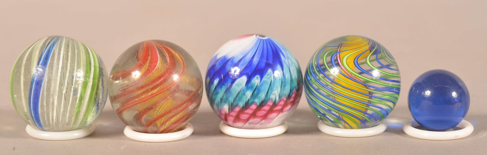 Five Various Antique/Vintage Marbles.: Three swirls, one end of day and one blue. Largest, 1-1/2" diam.