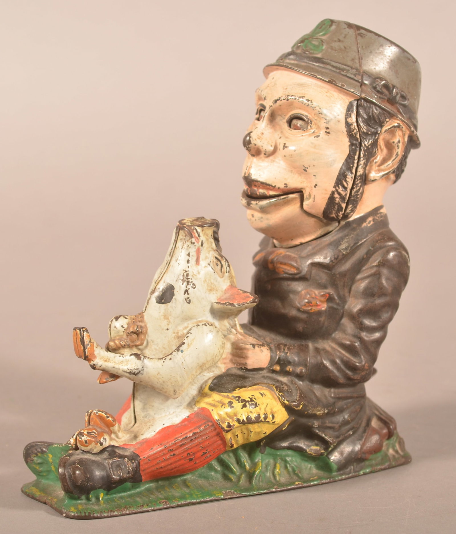 Paddy & the Pig Cast Iron Mechanical Still Bank.: Made by J. and E. Stevens. Last patent date August 8, 1882. 8-1/4"h. x 3-1/2"w. x 7"l.