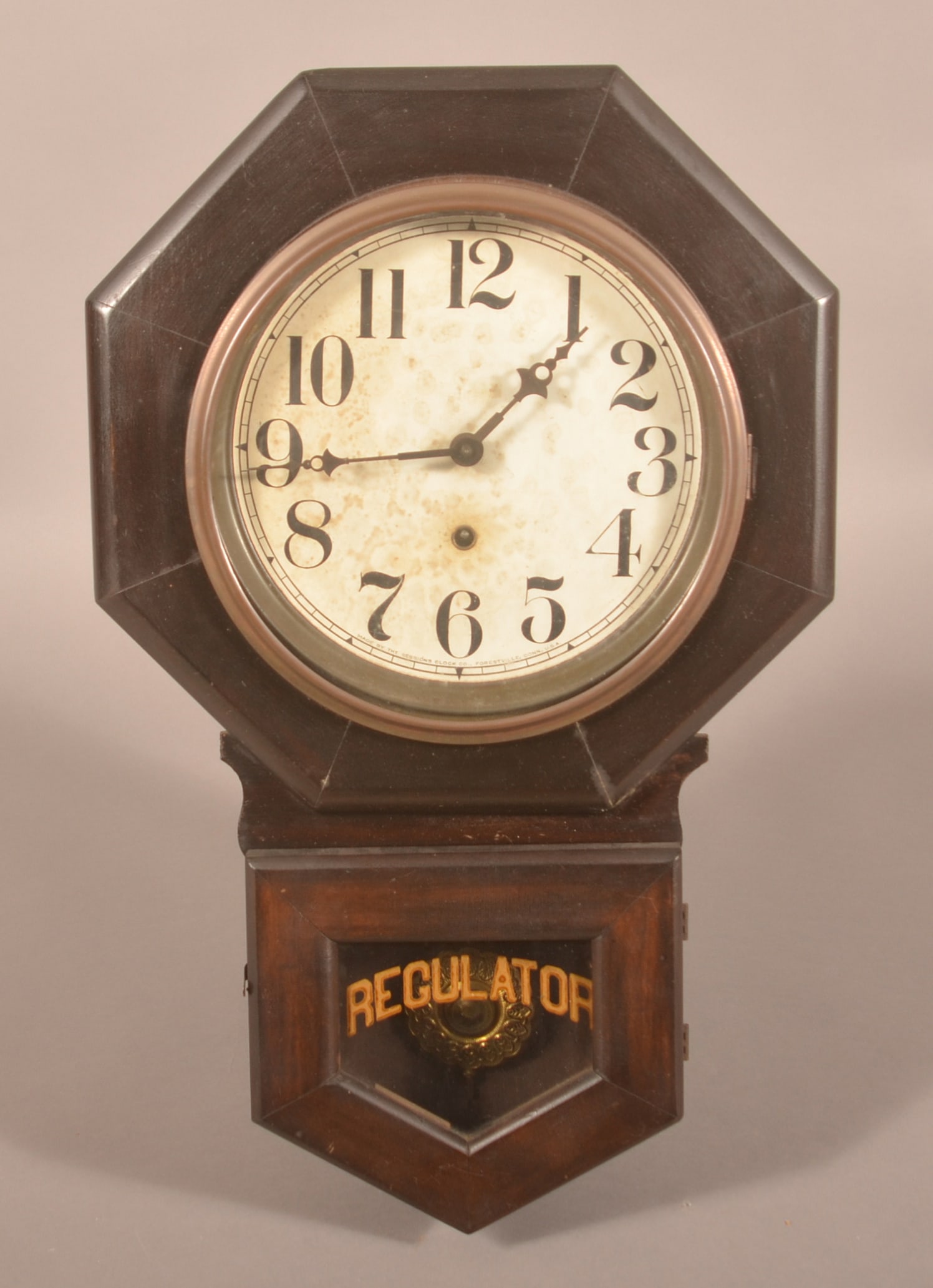 Sessions Regulator Wall Clock, Forestville, CT.: 19th century 8-day wall clock with "Regulator" reverse-painted glass in door. 23"h. x 15"w.