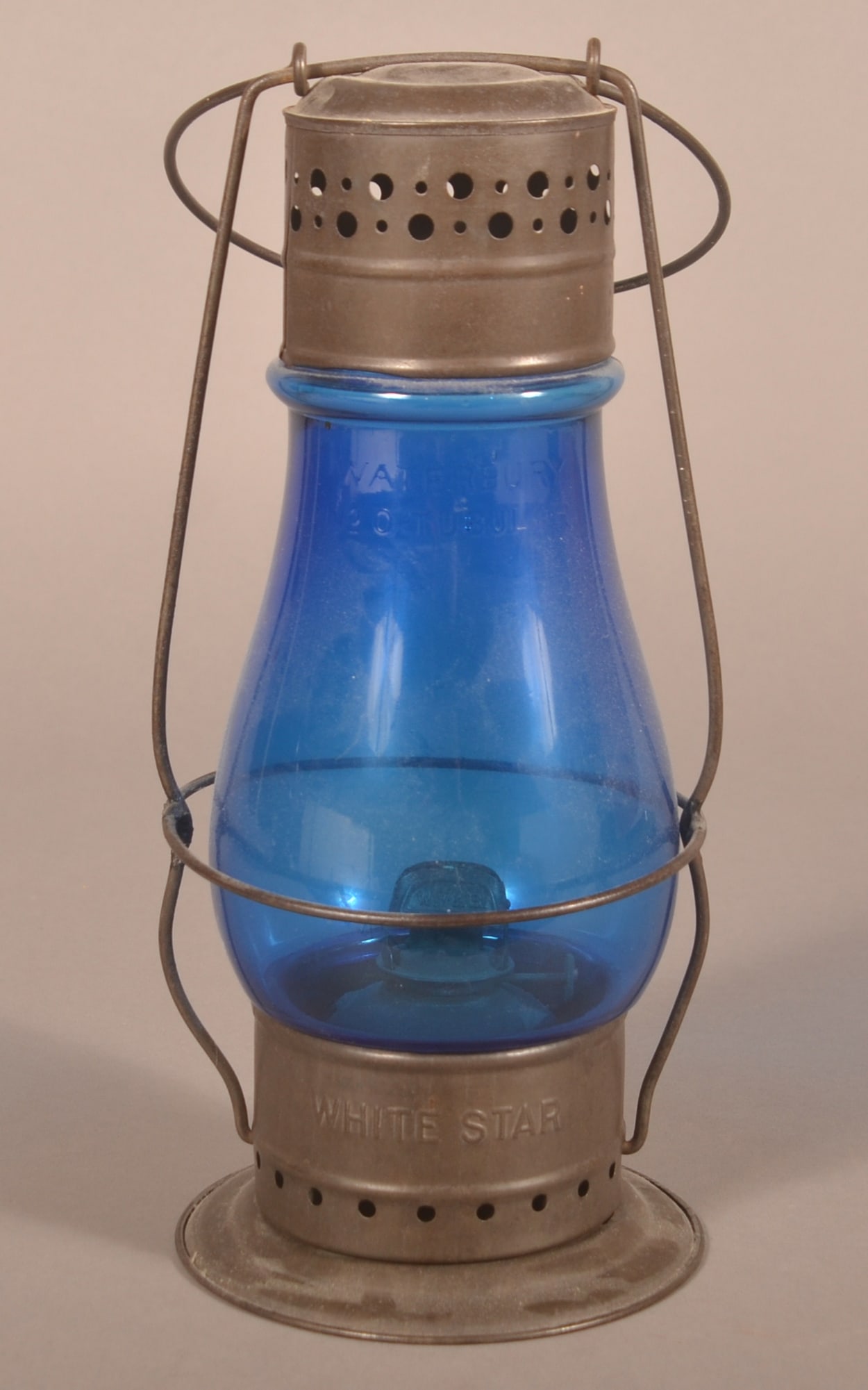 Antiq. Tin White Star Lantern w/ Blue Glass Globe. (1 of 3)