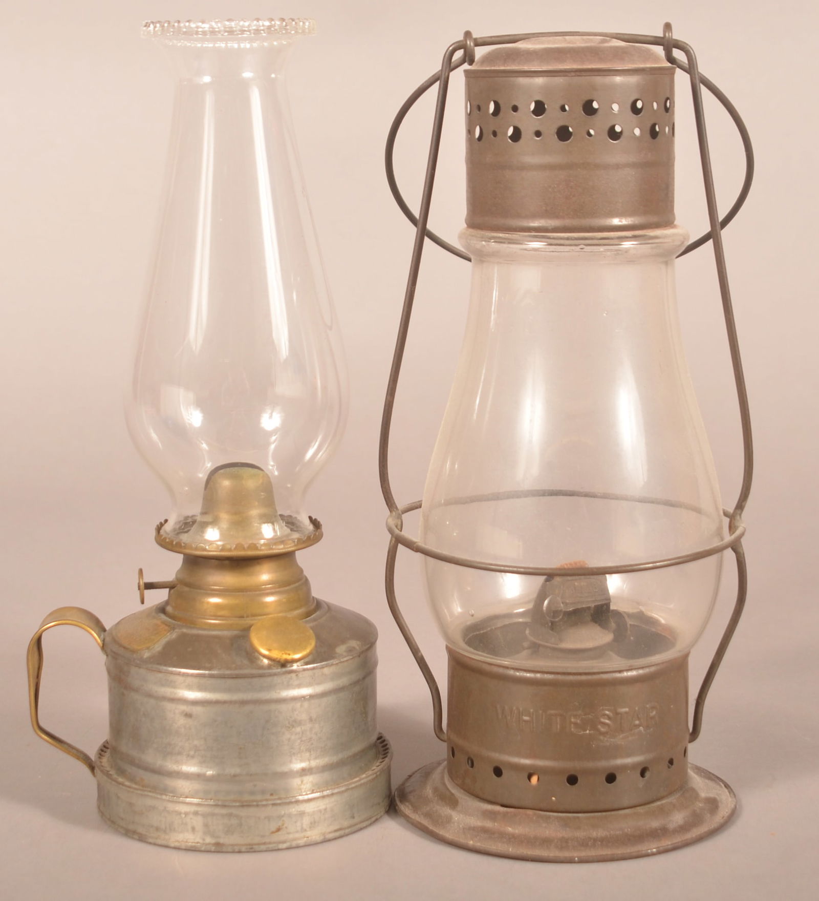 Two Antique Tin Lanterns w/ Glass Shades. (1 of 4)