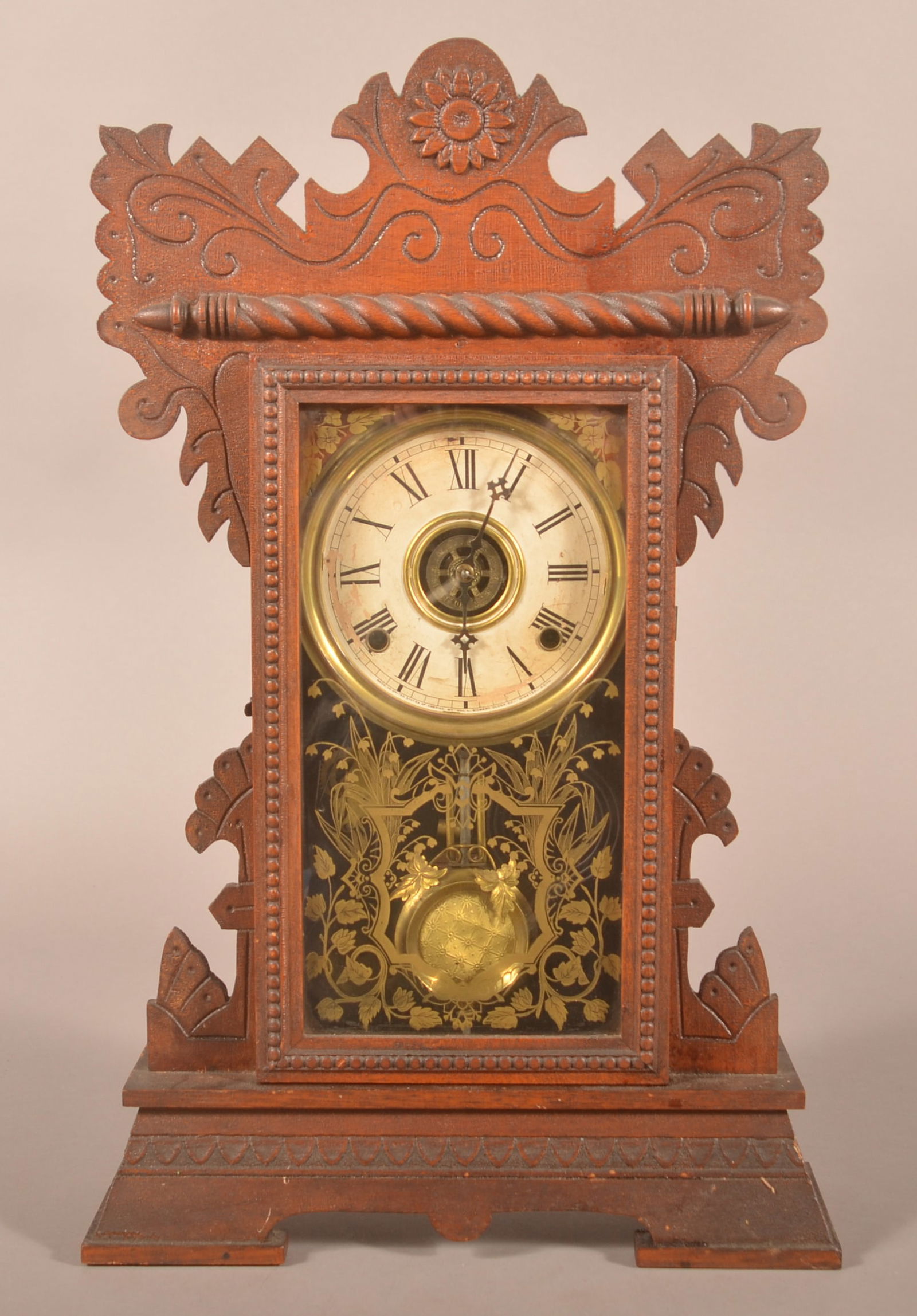 Gilbert "Lake No. 5" Oak Pressed Case Shelf Clock.: 8-day movement with paper dial having Roman numerals. 22-14" x 14".