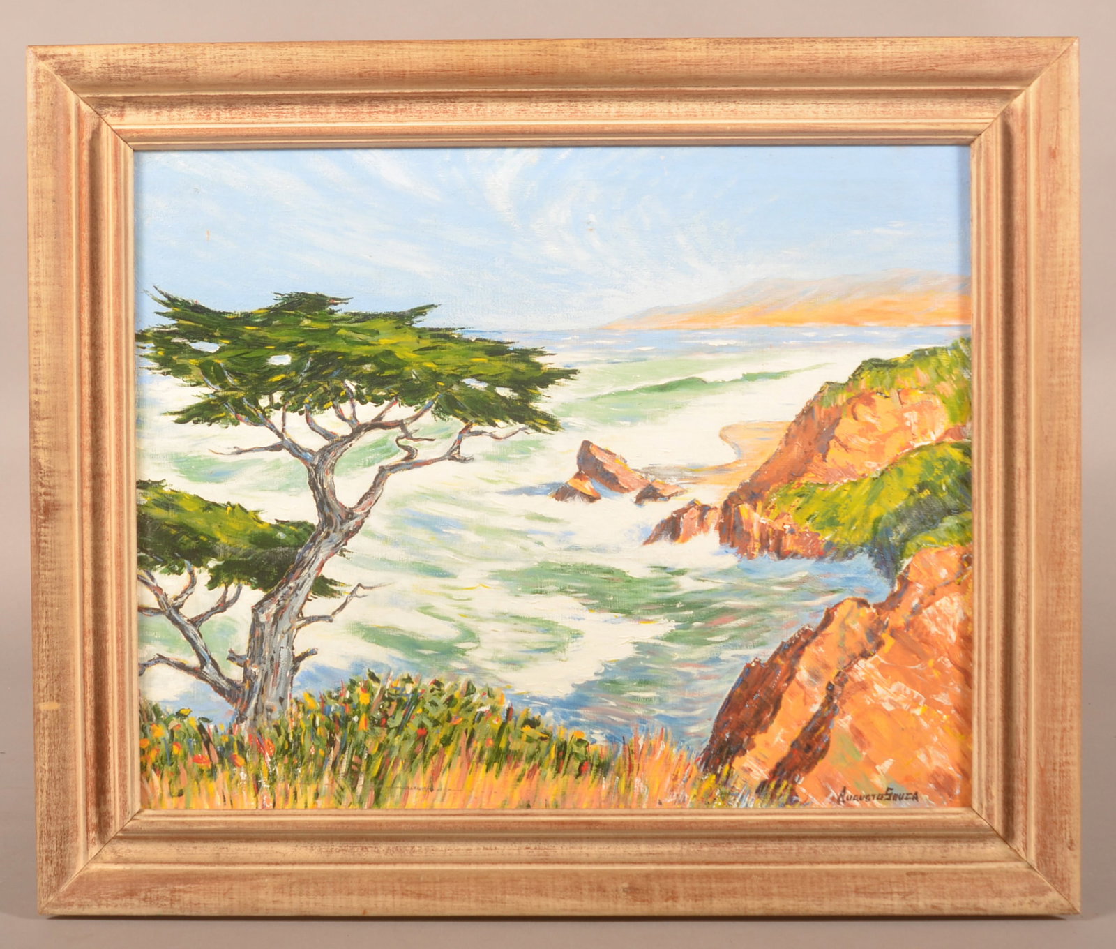 Augusta Souza Oil on Board CA Coastal Painting.: (Augusta Souza, California, 1901-1974). Depicting the coastline with a windswept cypress tree. Signed lower right Augusta Souza. Circa 1940. In a period whitewashed frame. Sight size: 16" x 20"; overa