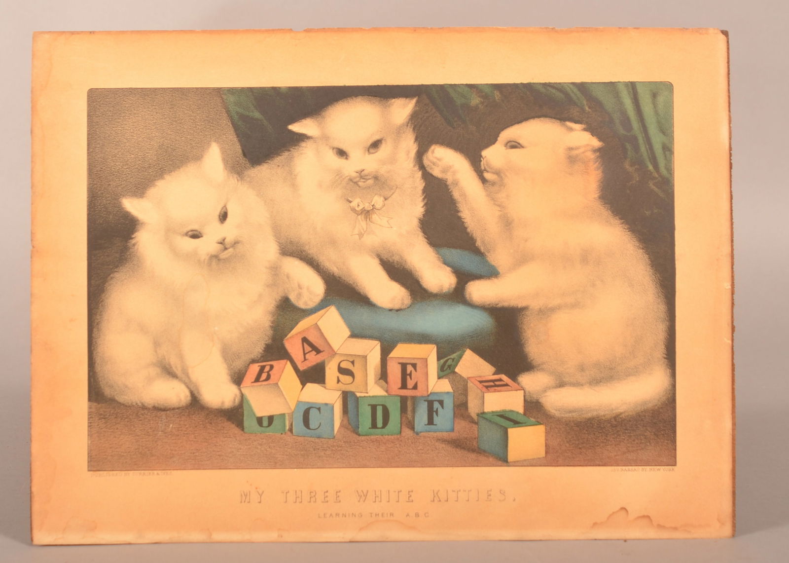 Currier & Ives "My Three White Kittens" Print. (1 of 1)