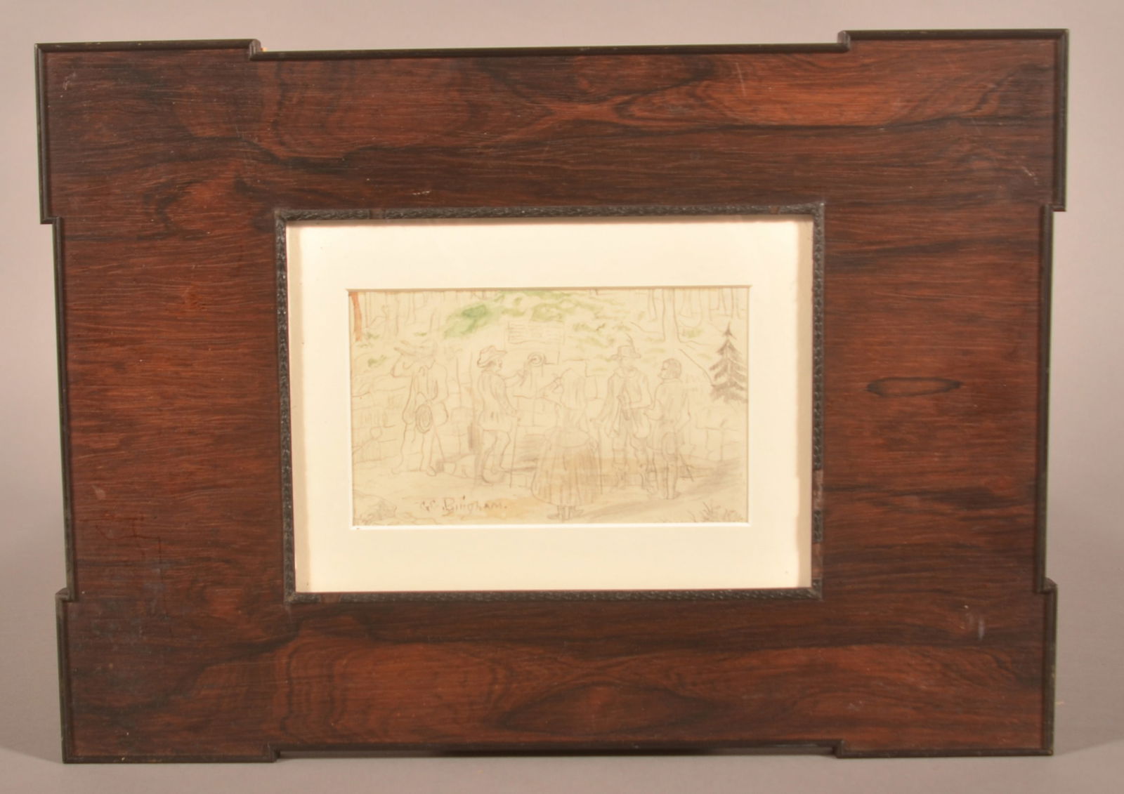 George Caleb Bingham Pencil Drawing on Paper.: (American 1811-1879). Depicting a festive outdoor gathering of people. Signed lower left "G.C. Bingham". In a period, rosewood frame. Image, 3-1/2" x 6", Overall, 10-3/4" x 15".